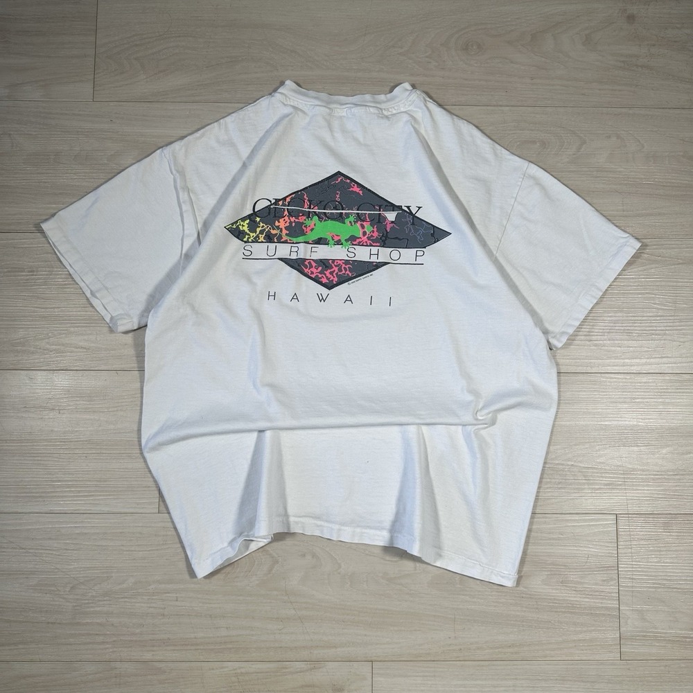 Vintage 90s Gecko Hawaii Surf T-Shirt White Tee Size Large Big LOGO Skate Summer